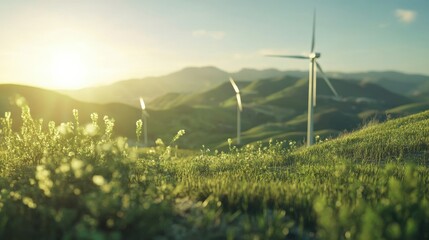 Fototapeta premium Serene Landscape with Wind Turbines and Flowery Green Grasslands