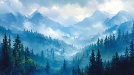 Misty mountain valley, evergreen forest, scenic view, serene landscape, travel poster