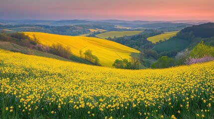 Obraz premium Sunrise over yellow rapeseed and daffodil fields, rolling hills