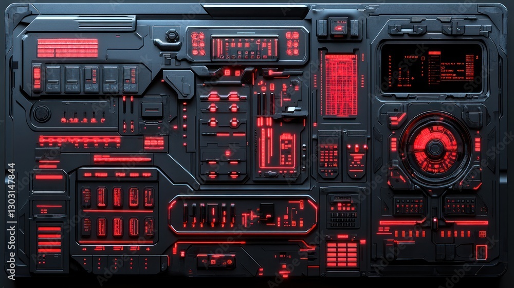 Poster futuristic red glowing control panel interface.