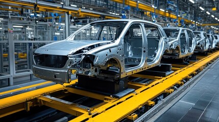 Car bodies on assembly line in factory.