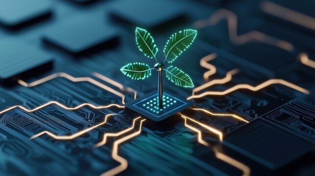 A glowing plant sprouts from a microchip, symbolizing the fusion of technology and nature in a vibrant, digital landscape.
