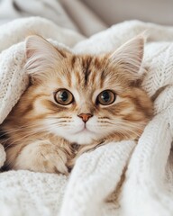 Fluffy Cat with Big Cartoonish Eyes Resting Under a Cozy Blanket