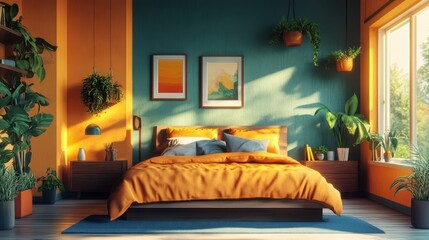 Sunny bedroom with teal and orange walls, plants, and bed.