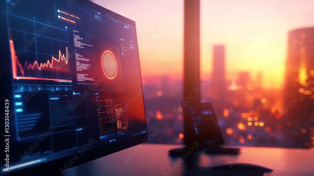 Poster sunset view of a modern office with digital graphs and data analysis on screens, creating a vibrant 