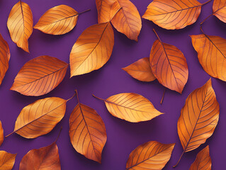Fototapeta premium Abstract Pattern of Metallic Orange Leaves on Purple Backdrop
