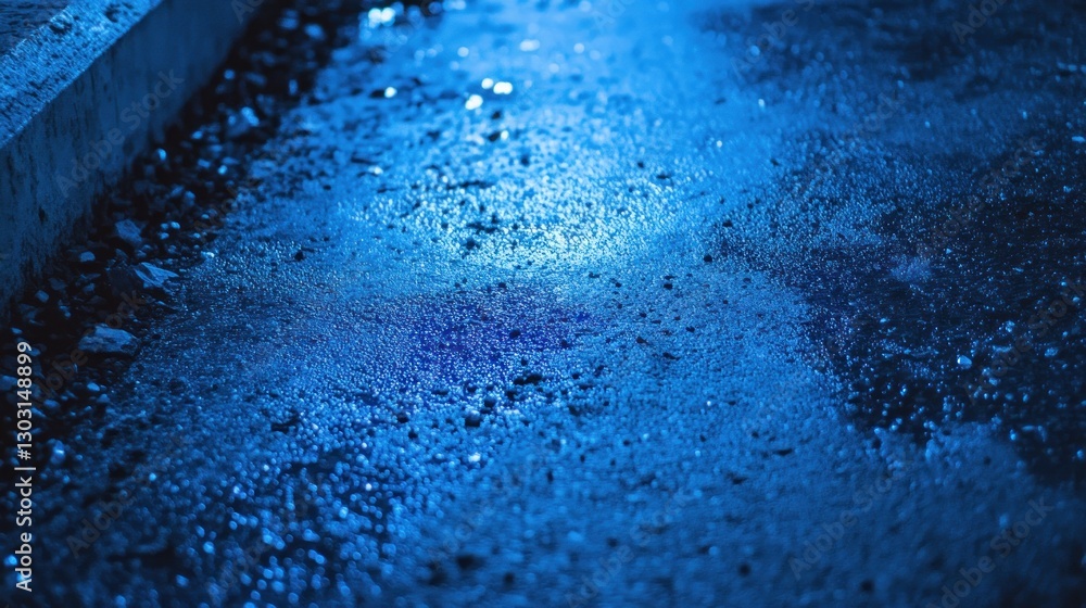 Poster a wet surface reflecting blue light, creating an atmospheric and moody scene.