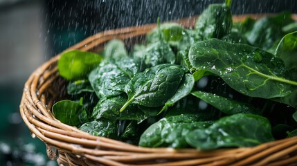 Fresh and tender spinach in the rain