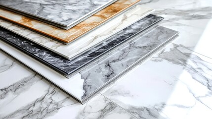 Luxurious Vinyl Floor Tiles Sample Stack on Marble.