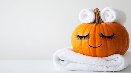 Quirky pumpkin features eyelashes and lips for a unique spa theme.