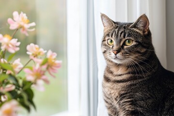 Cat Sitting Gracefully by an Open Window with Pink Flowers