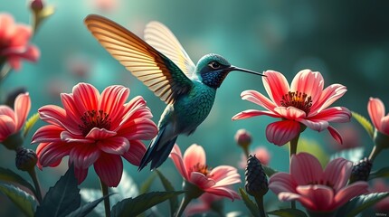 Naklejka premium Hummingbird with Flowers