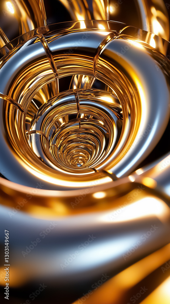 Poster an intricate spiral pattern unfolds infinitely with a metallic texture that reflects light in shimme