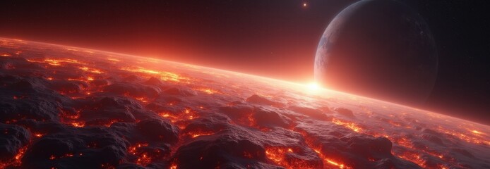 A breathtaking view of a volcanic planet's surface with flowing lava and a distant celestial body, evoking a sense of cosmic wonder and adventure.