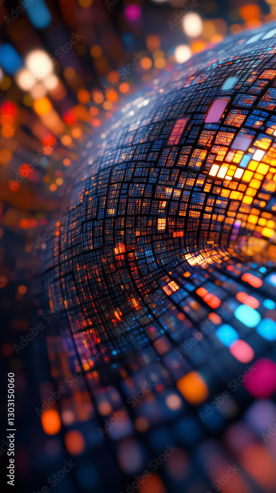 Fototapete A mesmerizing spherical structure displays a continuously evolving data matrix, where vibrant patterns shift and flow, creating an enchanting visual experience full of color and movement
