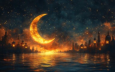 Fototapeta premium Glowing Crescent Moon Reflecting Over Tranquil Sea with Ancient City Silhouette