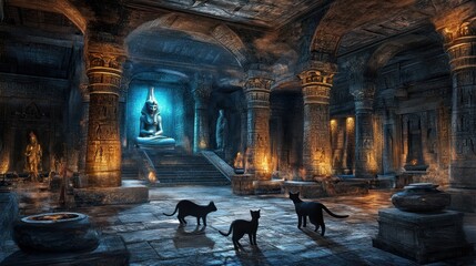 A mystical underground chamber featuring a large Buddha statue and three black cats.