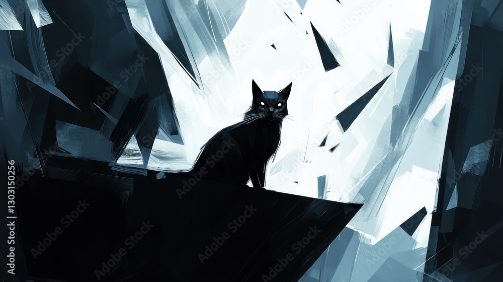 Poster a mysterious black cat sits on a ledge amidst sharp, abstract shapes and a cool color palette.