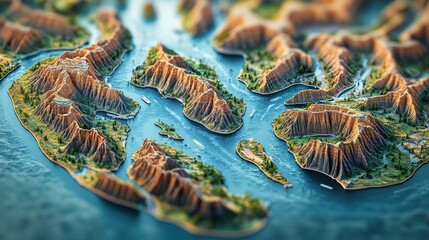 Aerial view of a rugged coastline with islands and waterways.