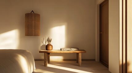 Cozy interior of a minimalist bedroom featuring a wooden bench and natural light casting shadows