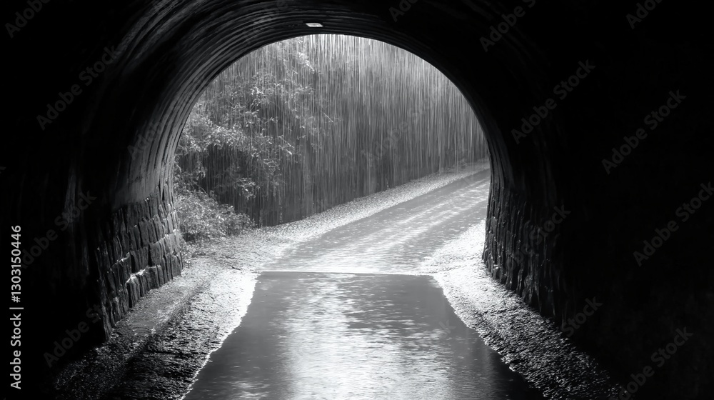 Poster tunnel with a road leading to it. the road is wet and the tunnel is dark. scene is mysterious and om