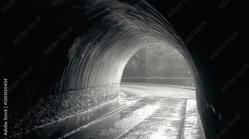 Poster Tunnel with a light shining through it. The tunnel is dark and the light is the only source of illumination. AI generated