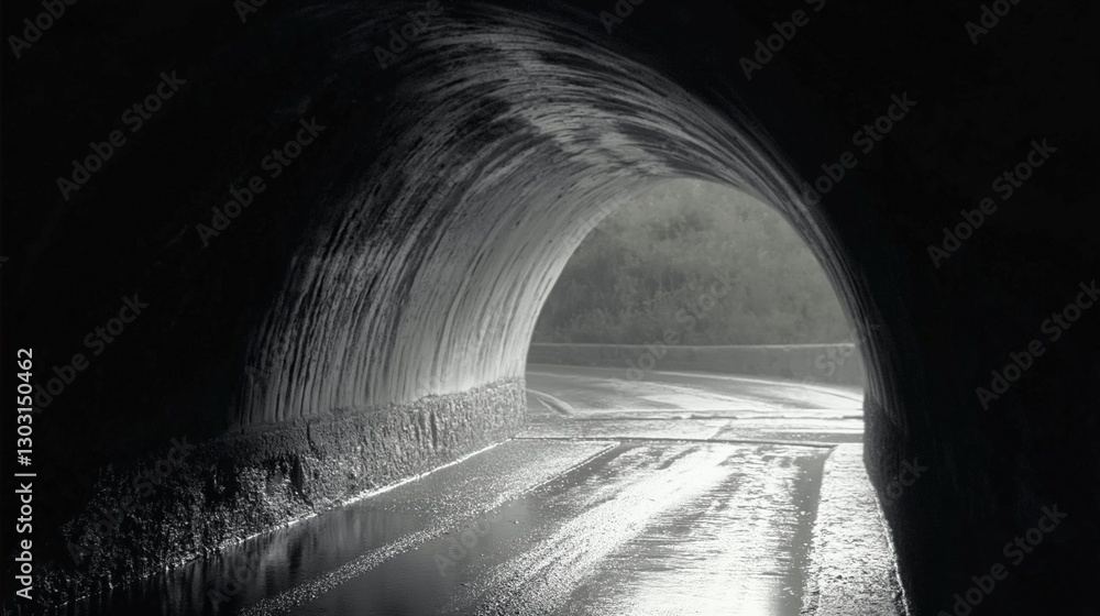 Aufkleber tunnel with a road in front of it. the tunnel is dark and the road is wet. ai generated