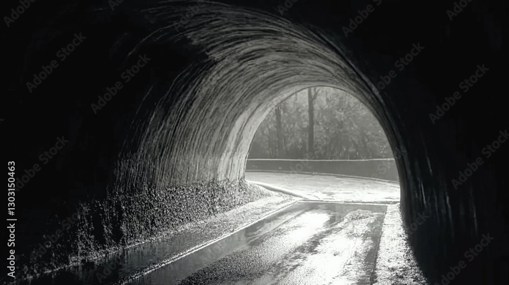 Poster Tunnel with a light shining through it. The tunnel is dark and the light is the only source of illumination. AI generated