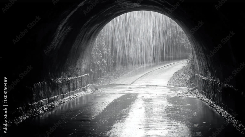 Poster tunnel with water dripping from the ceiling. the tunnel is dark and the water is falling from the ce