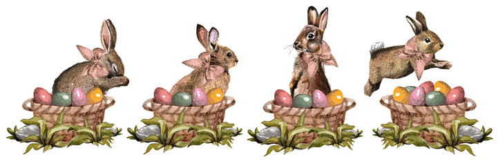 Freehand watercolor easter bunny set isolated on white background. Hand drawn collection watercolour brown rabbits, egg,  spring bunnies cute fluffy pet, farmhouse animal. For design
