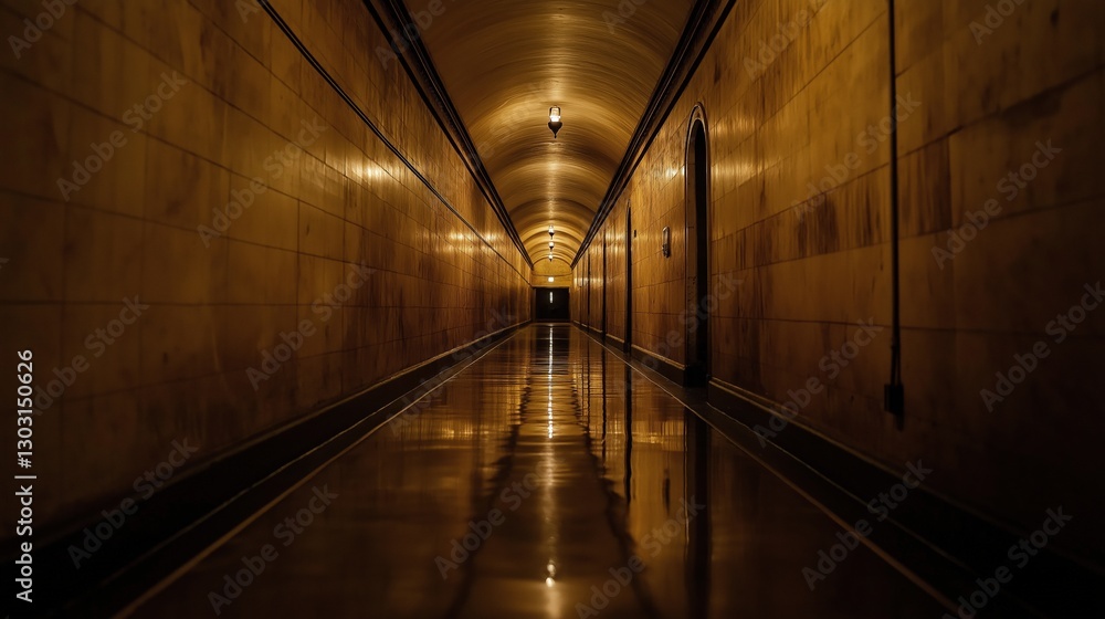 Poster long, narrow hallway with a single light source. the hallway is empty and the light casts a shadow o