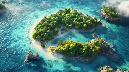 Small island lagoon with crystal-clear water, surrounded by coral reefs, sunny sky, vibrant tropical landscape