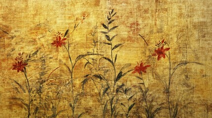 Naklejka premium Artistic flowers on textured gold background.