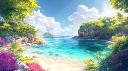 Fototapeta premium Small island lagoon with crystal-clear water, surrounded by coral reefs, sunny sky, vibrant tropical landscape