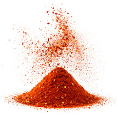 Spicy Red Chili Pepper Flakes Exploding in the Air on a Transparent Background PNG.