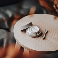 Obraz premium Organic and natural beauty aesthetic with a soft focus cream jar placed on a wooden round table evoking relaxation self care and minimalist luxury.