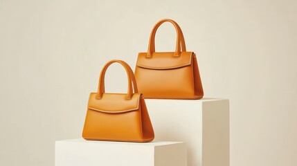 Two identical small leather handbags in the same color, one is on top of an elegant white plinth and the other below it