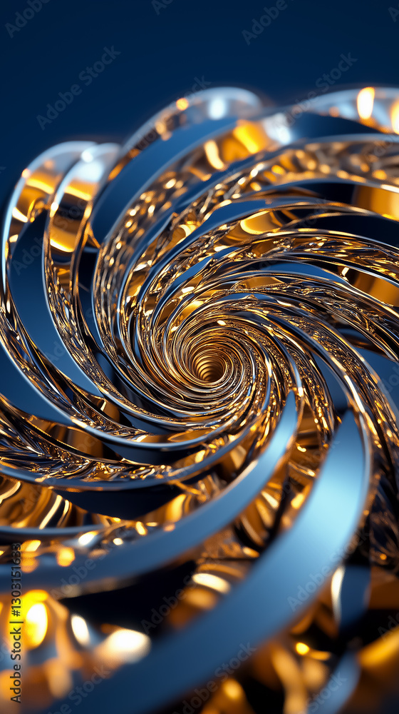 Poster an intricate fractal pattern forms an infinite spiral, shimmering with metallic textures that captur