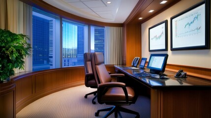 Modern office interior with sleek furniture, large windows showcasing a city skyline