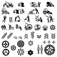 Silhouette of tractor and agricultural machinery with workers planting, black and white illustration of agriculture, farming, field work and machinery on white background