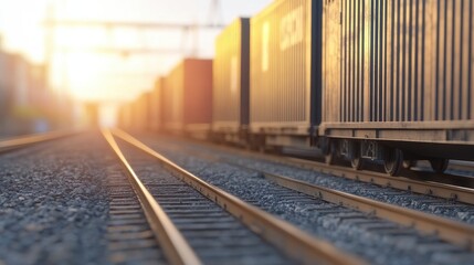 Obraz premium Tranquil Sunset Over Railway Tracks with Cargo Train Transportation