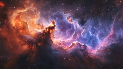 A vivid nebula with swirling clouds of purple, blue, and pink illuminated by starlight