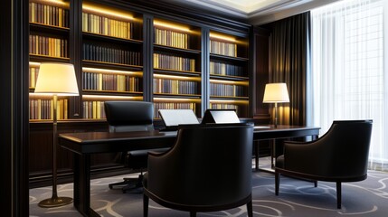 Elegant office interior showcasing a dark wood desk, bookshelves, and stylish lighting