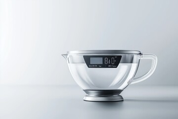 A digital measuring cup displaying precise measurements on its built-in LCD screen.