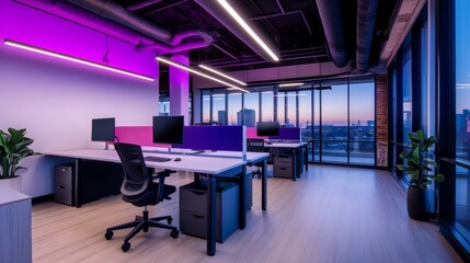 Modern office interior with vibrant lighting and city skyline view at sunset