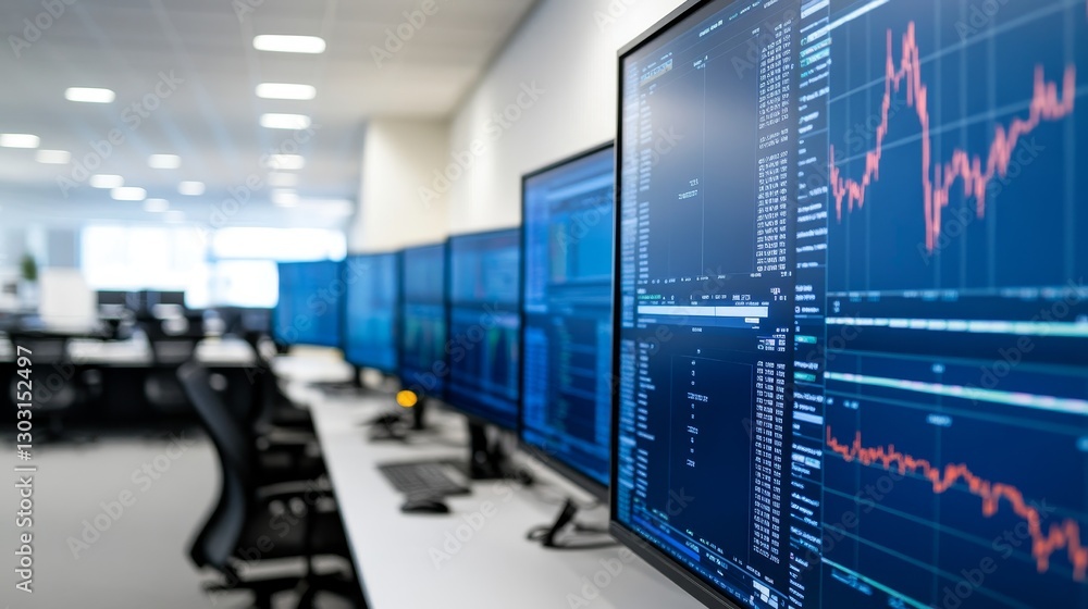 Poster modern financial office with multiple monitors displaying stock market data and analytics