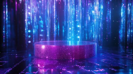 A vibrant, illuminated stage with cascading lights and a circular platform.