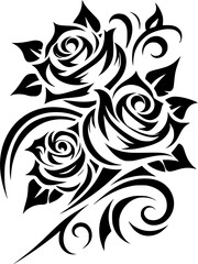 roses tribal Seamless black and white floral pattern with vintage swirl design