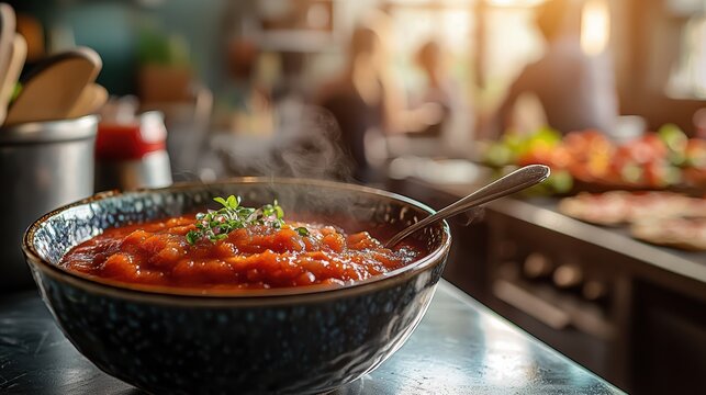 Homemade tomato sauce in a cozy kitchen gathering