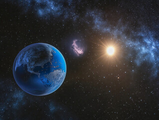 Obraz premium In a tranquil display of cosmic beauty, a bright blue Earth floats amidst a backdrop of twinkling stars and swirling galaxies, illuminated by a distant sun. The depth of space surrounds it